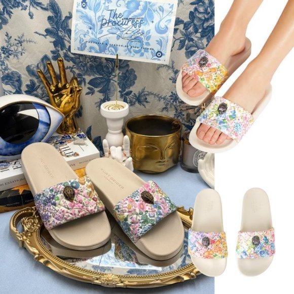 🆕 KURT GEIGER LONDON 🧿 NWOT Meena Eagle Floral Couture Pool Slide, Sz 5.5 - Picture 1 of 11